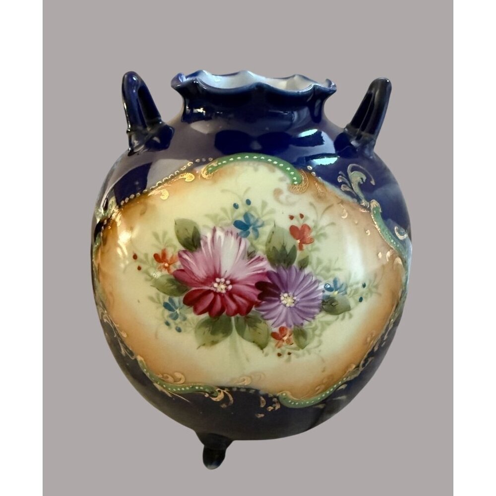 Antique Hand-Painted Cobalt Porcelain Floral Piedestal Vase Blue Florals & Gold